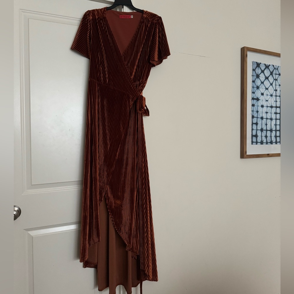 Rust Ribbed Velvet Wrap Dress